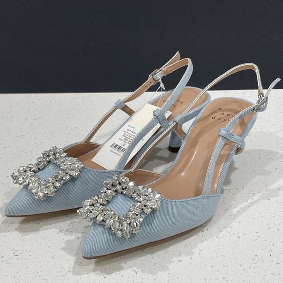 NEW Slingback Heels Rhinestone Blue Denim Sz 5 A New Day - Picture 3 of 8